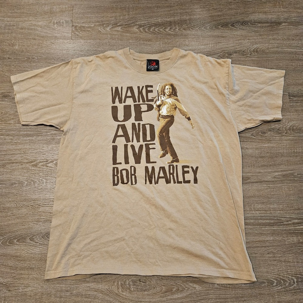 Vintage 2001 Bob Marley Wake Up And Live T Shirt Tan Reggae Music Men's XL
